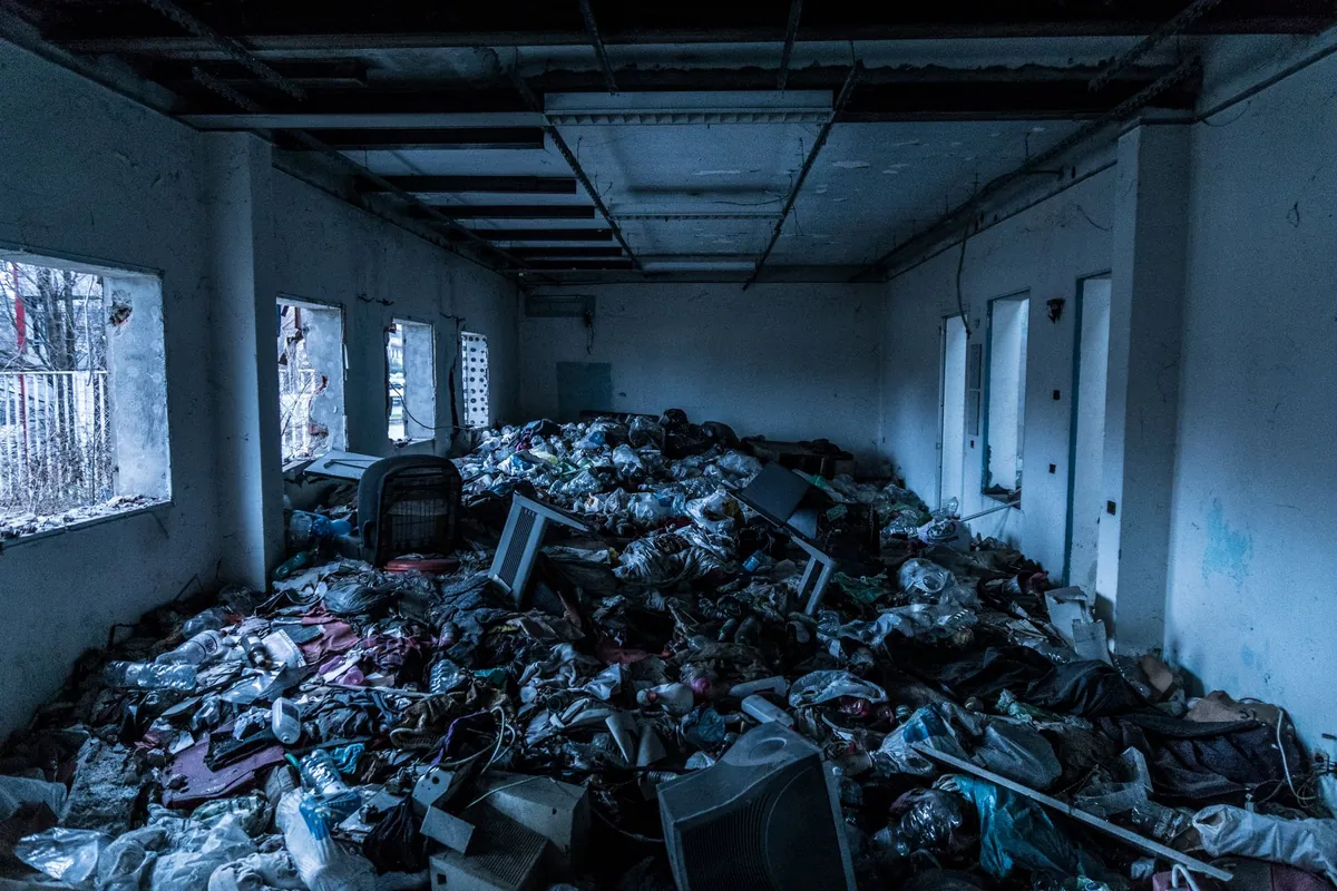 Large room with heaps of belongings and debris piled across the floor
